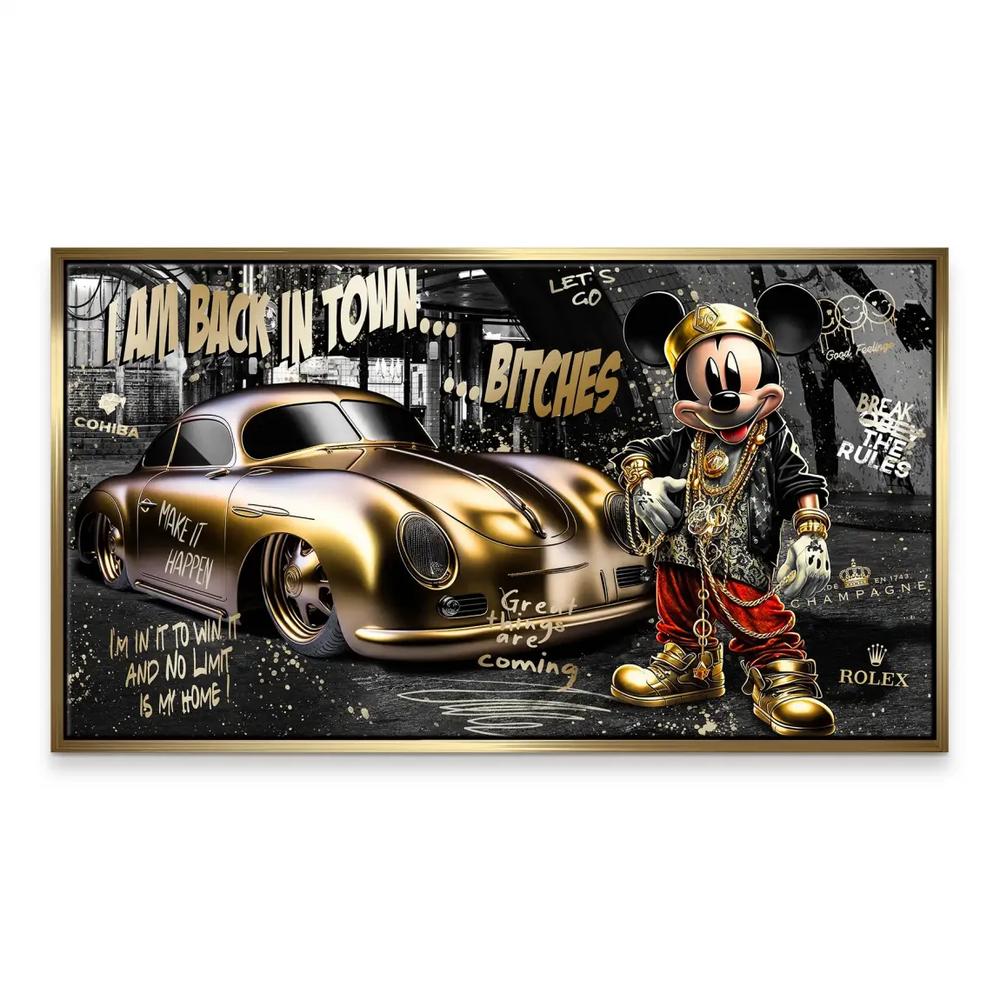 Wide view of the canvas emphasizing the metallic gold accents and contrast between dark background and red highlights.