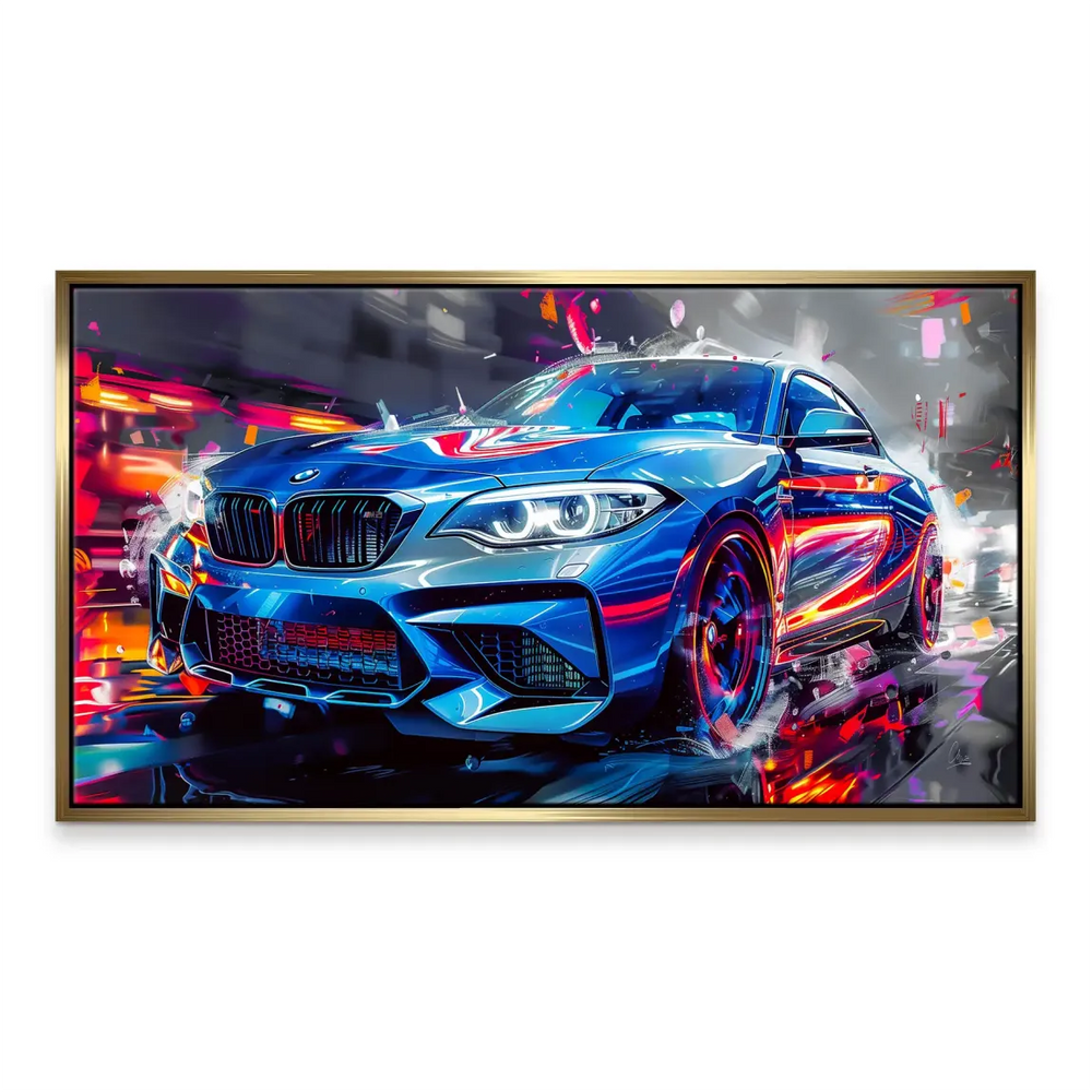 Vivid neon-lit BMW M2 artwork showing motion lines and a futuristic city glow on canvas.