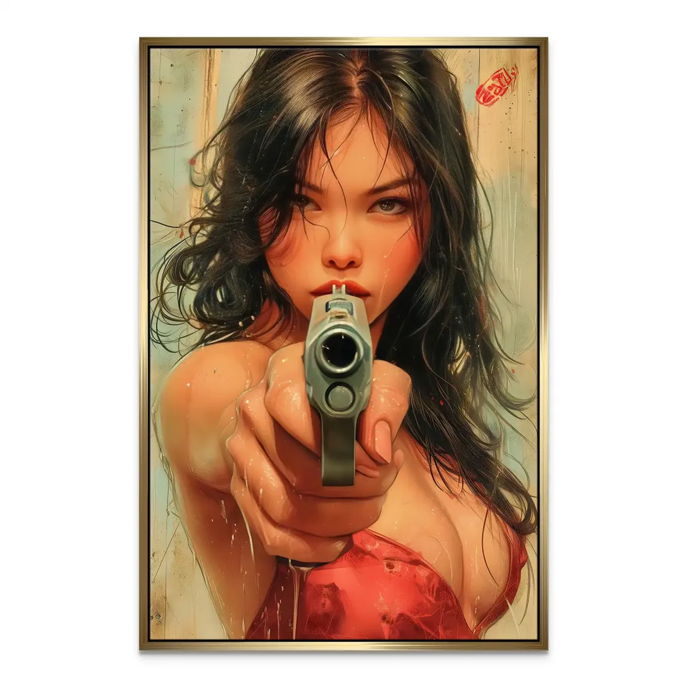 Edgy wall art of a woman with a handgun in a modern industrial interior