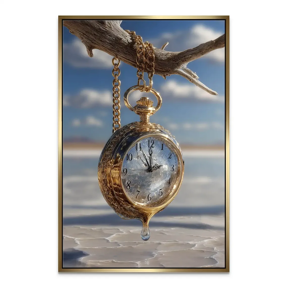 A solitary branch supports a dripping watch in a surreal composition with gold tones and muted browns.