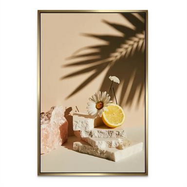 Palm leaf shadow across the Citrus Blossom canvas print in a boho-chic palette