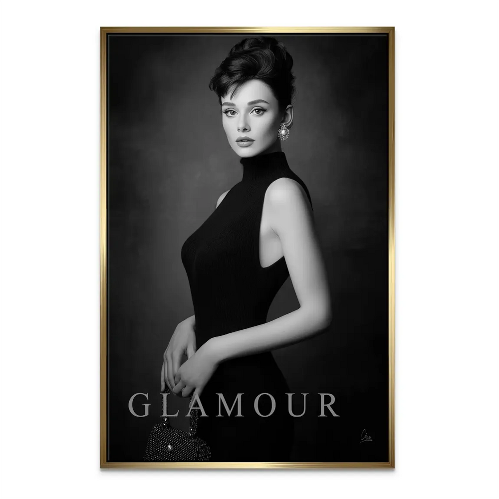 Beaded clutch and sleek dress accent in timeless fashion wall art.