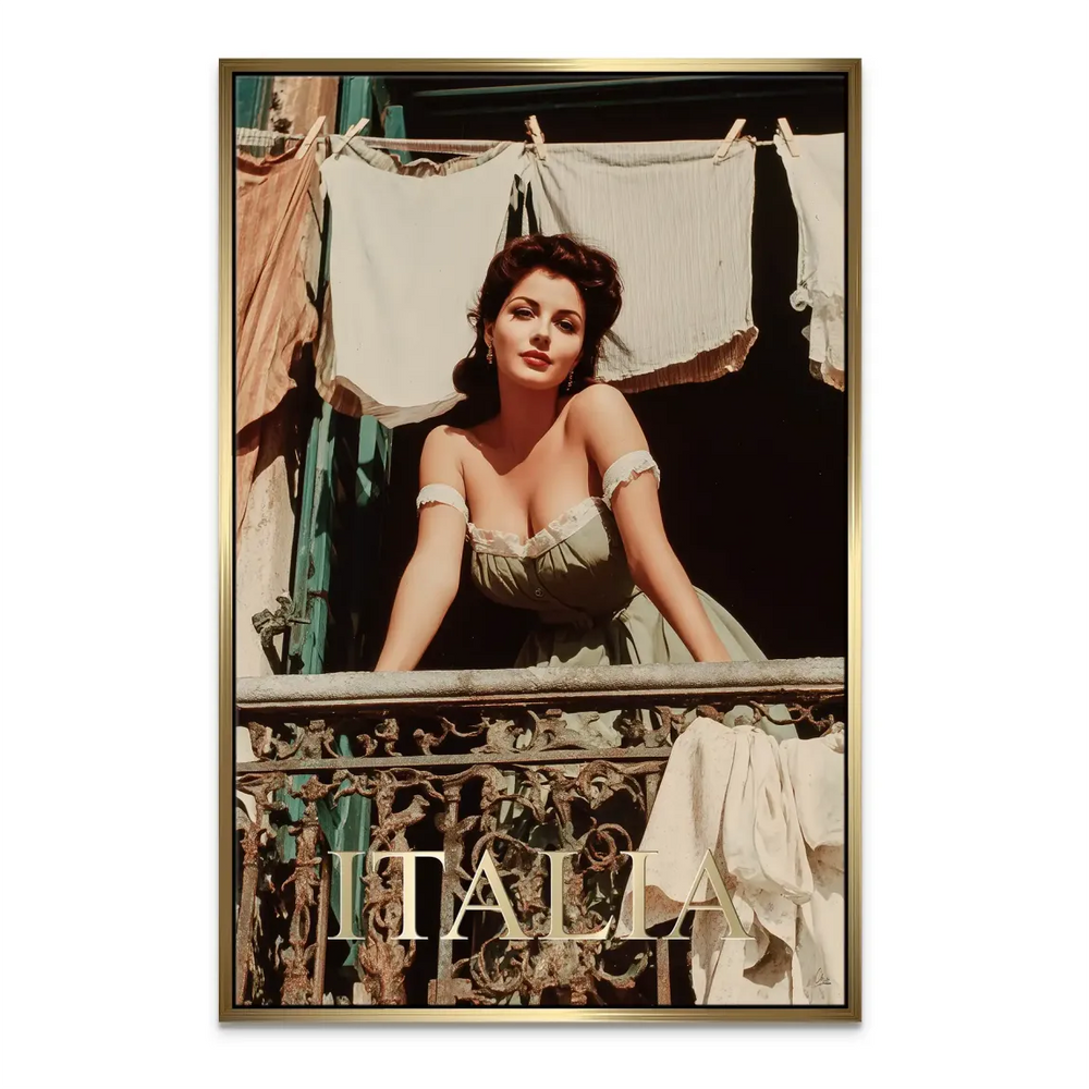 Balcony framing the subject in a nostalgic European wall art scene