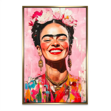 Floral crown and colorful attire on Frida Kahlo wall art for living spaces