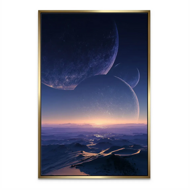 Alien planet landscape with dramatic twilight and serene horizon for modern interiors.