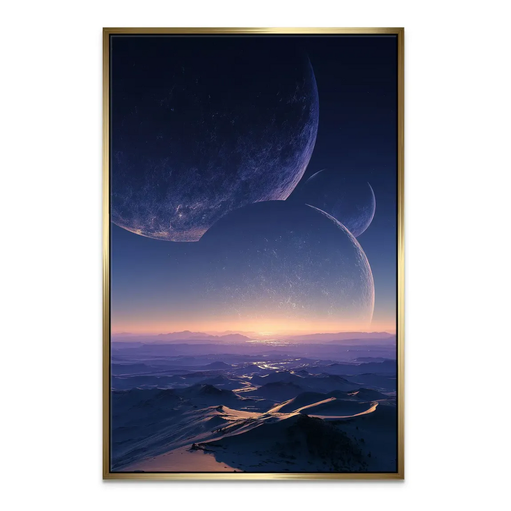 Alien planet landscape with dramatic twilight and serene horizon for modern interiors.