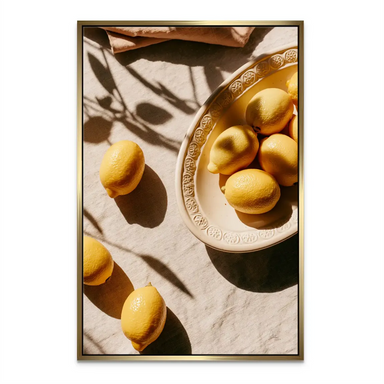 Warm-toned kitchen wall art featuring golden lemons canvas print