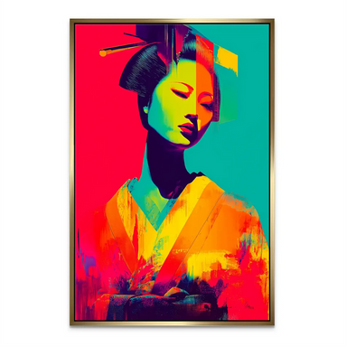 Contemporary pop art canvas wall decor with Geisha subject and glowing color palette
