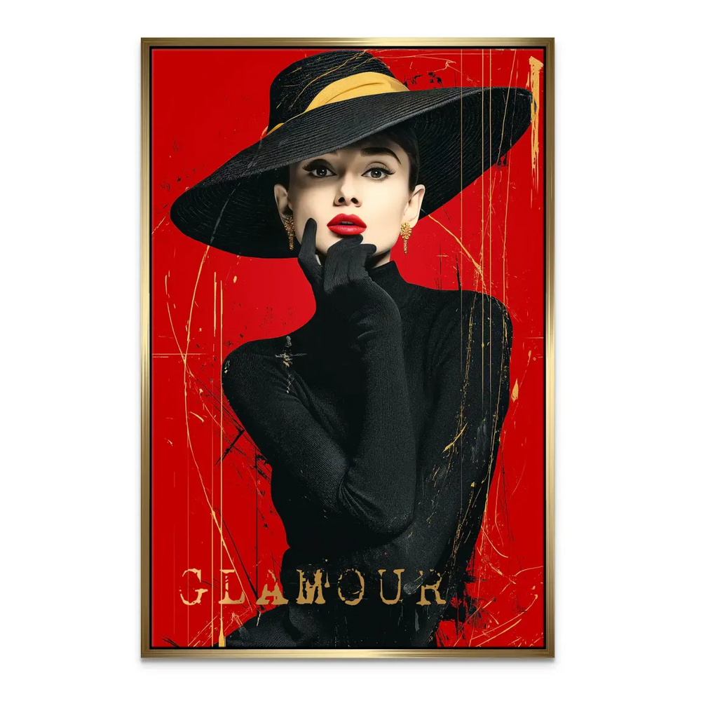 Glamour pop art canvas with distressed gold lines and black splatters