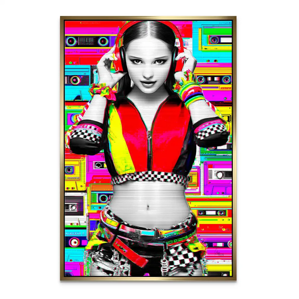 Pop art canvas featuring a confident DJ girl suitable for fashion and music-themed decor.