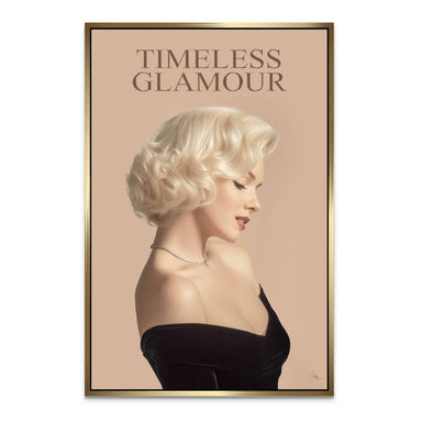 Woman wall art in vintage fashion, pearl necklace and curled blonde hair in portrait style.