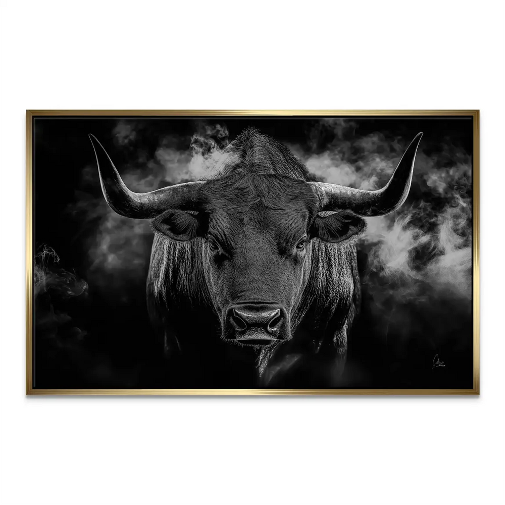 Wildlife wall art featuring a majestic bull in grayscale for modern interiors.