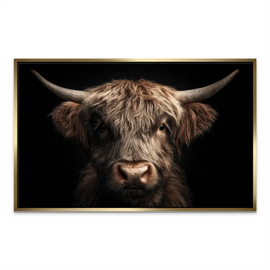 Shaggy-haired Highland cow head-on view with dramatic contrast lighting