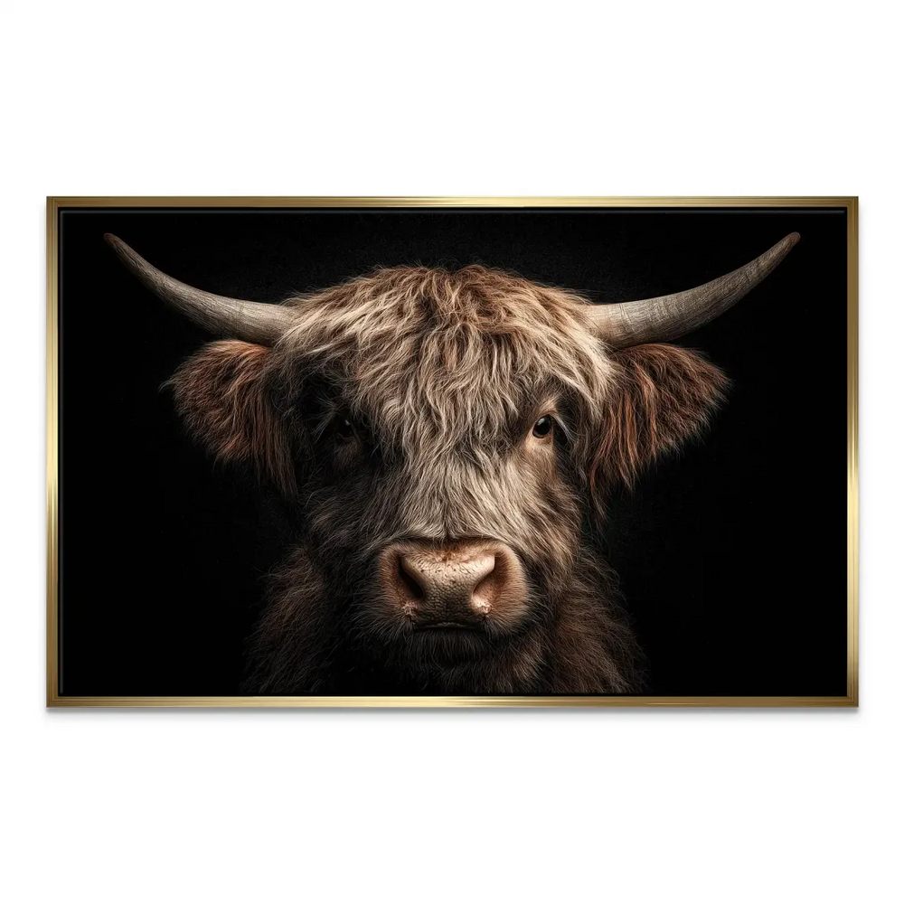 Shaggy-haired Highland cow head-on view with dramatic contrast lighting