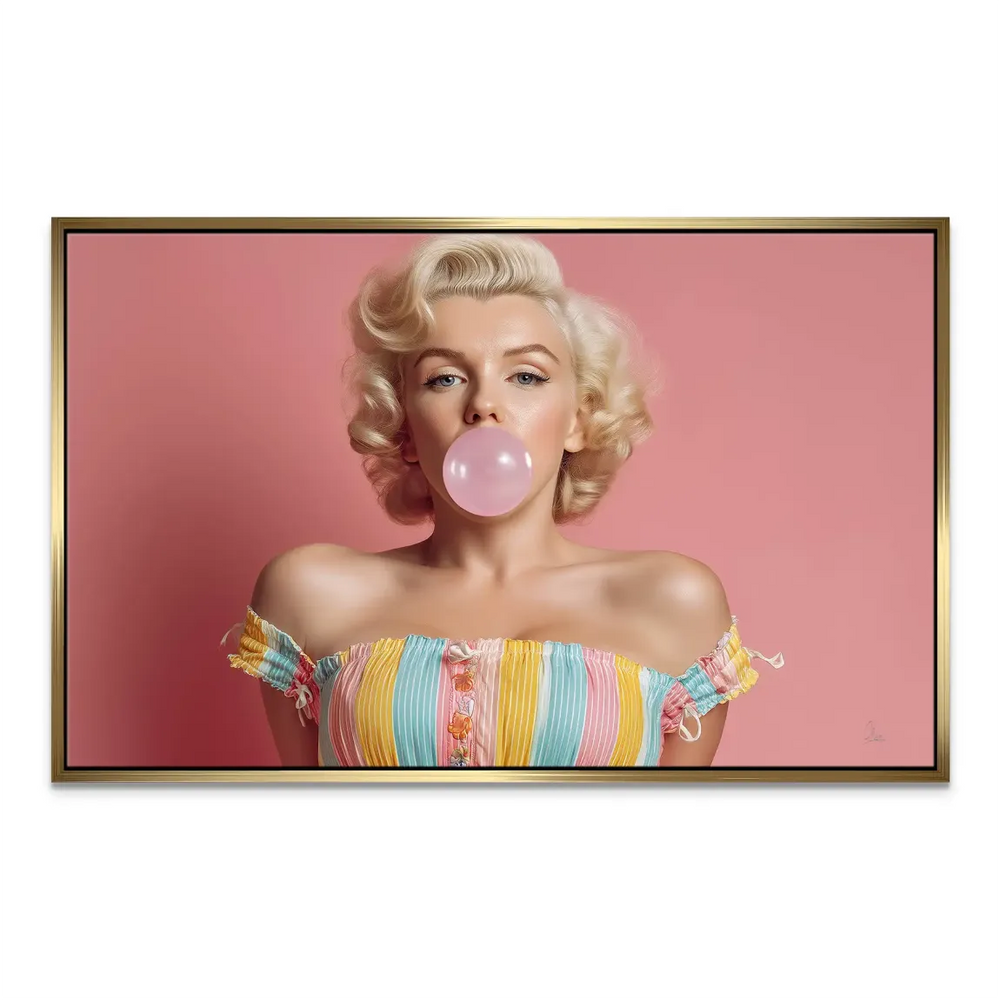 Detail of the pink bubblegum bubble against a pink backdrop in the Marilyn Monroe pop art canvas
