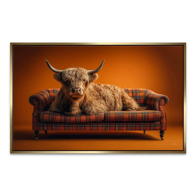 Highland Lounge canvas wall art displayed in a rustic setting.