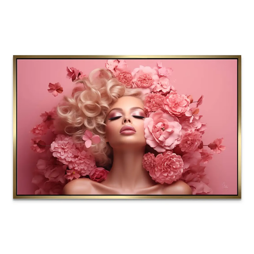 Horizontal close-up of a pink-drenched portrait suitable for elegant bedrooms and dressing rooms.