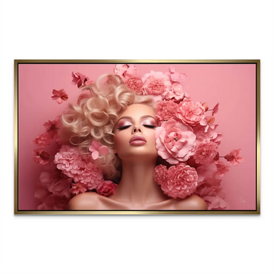 Horizontal close-up of a pink-drenched portrait suitable for elegant bedrooms and dressing rooms.