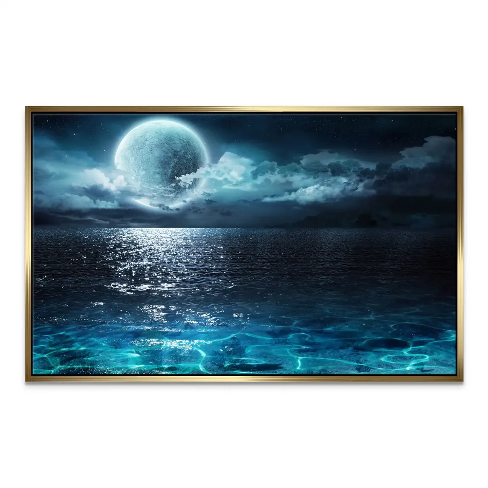 Close-up texture of canvas art showing deep blues, teals, and moon reflection