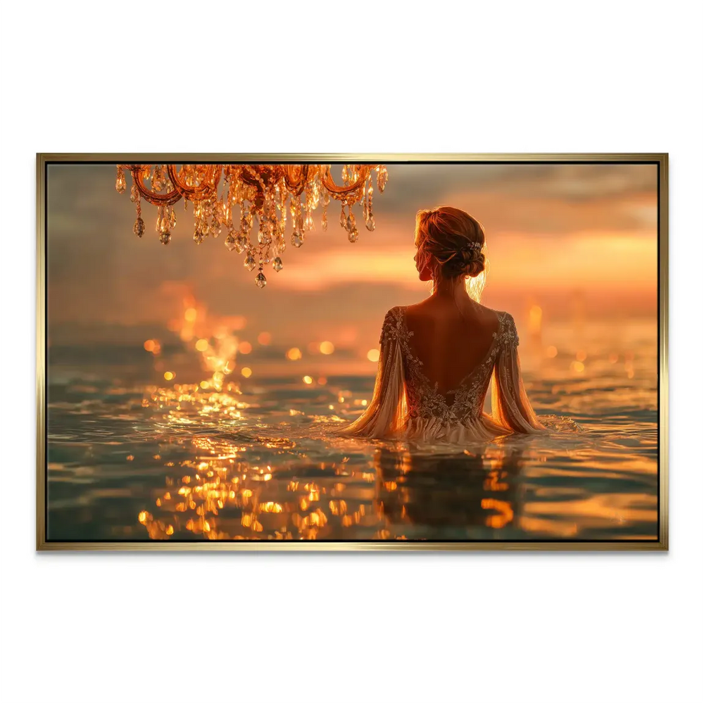 Contemporary boho style wall art featuring a mysterious female figure and opulent lighting.