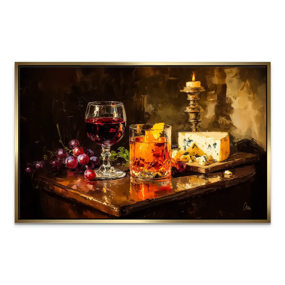 Fine art wall décor showing a glass of red wine, cocktail, grapes, and cheese on a wooden table with candle.
