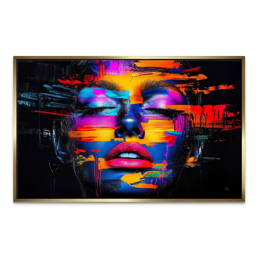 Electric color portrait with dynamic brushwork and a dark background for bold decor.