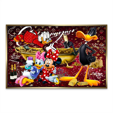 Daffy Duck raises a toast in the party scene with glittering gold accents and luxury branding.