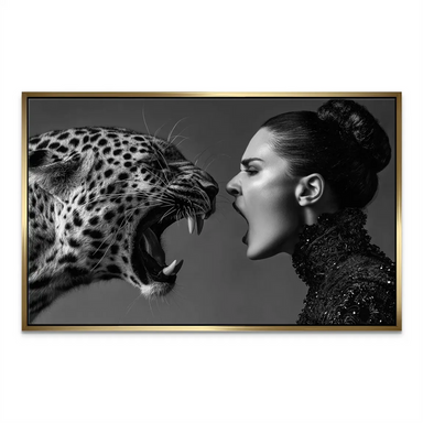 Profile view of the leopard and the woman as bold, cinematic wall decor.