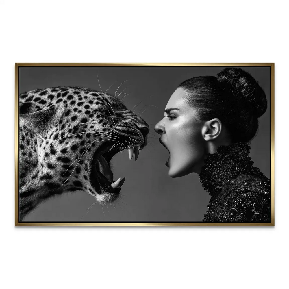 Profile view of the leopard and the woman as bold, cinematic wall decor.