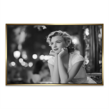 Marilyn Monroe portrait in a moody noir setting with bokeh city lights.