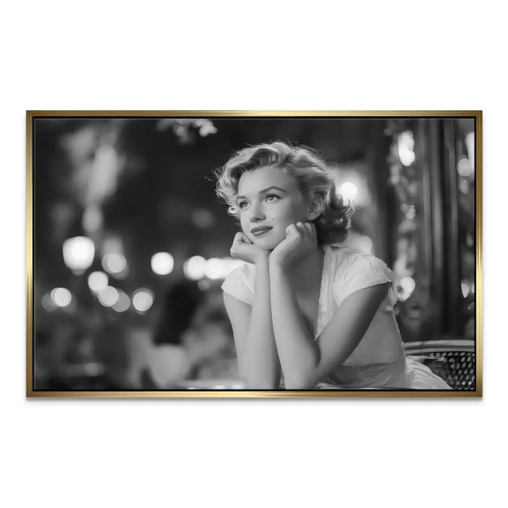 Marilyn Monroe portrait in a moody noir setting with bokeh city lights.