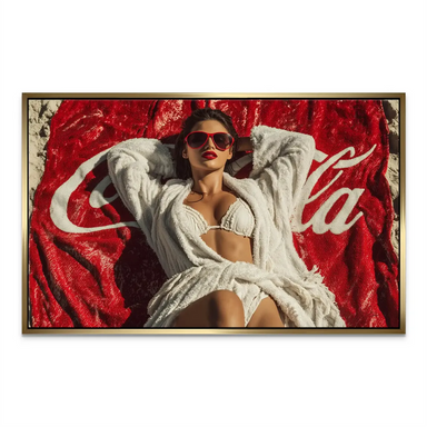 Fashion-forward portrait of a stylish woman on a beach with white attire and red accents.