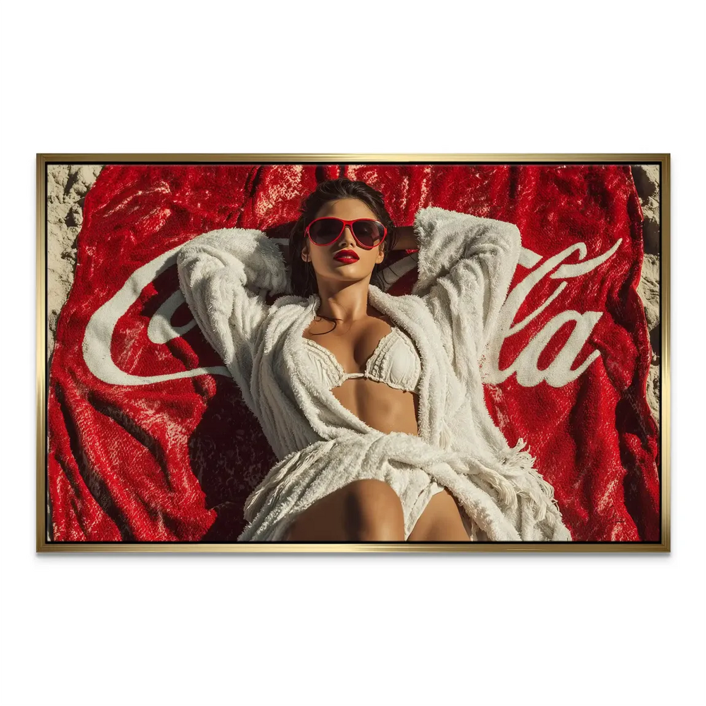 Fashion-forward portrait of a stylish woman on a beach with white attire and red accents.