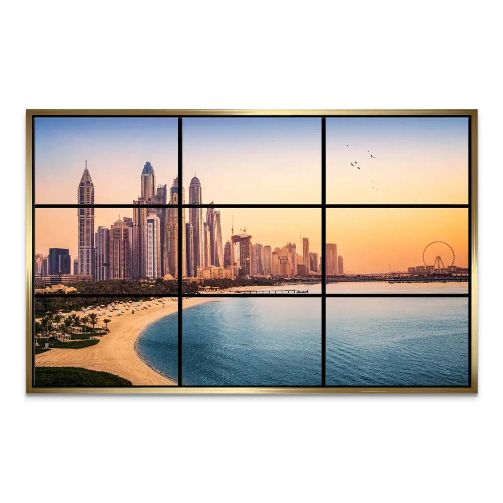 Panel 4: Expansive view of Dubai coastline featuring modern architecture and harbor
