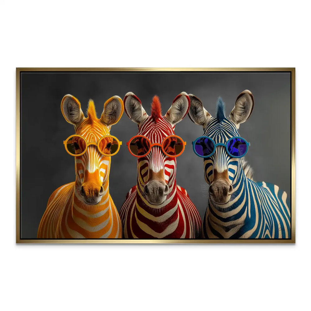 Colorful canvas art of zebras designed for modern eclectic decor.