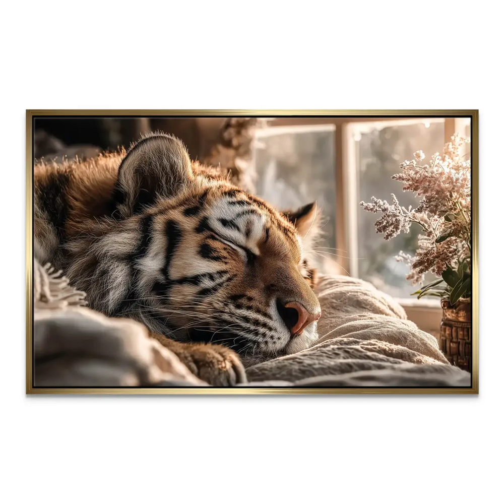 Detailed view of sleeping tiger canvas wall art — warm cream tones.