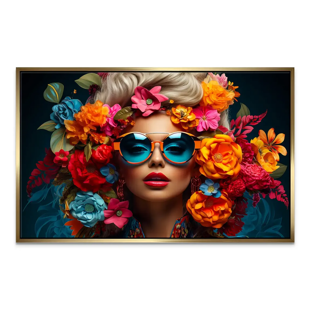 Bright floral elements frame the subject in a modern canvas print suitable for chic living rooms.