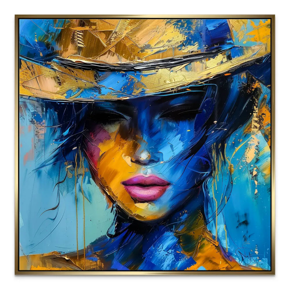 Impressionistic portrait with hat details highlighted by light and shadow on textured paint.
