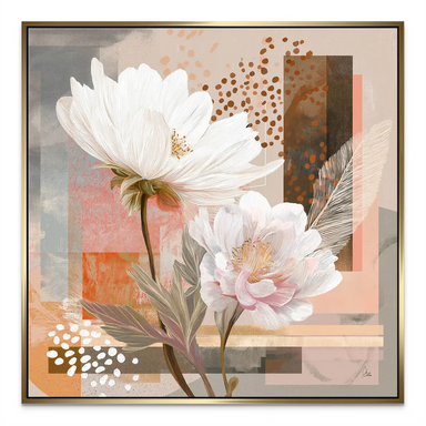 Collage-like background with shapes and dots complementing minimalist floral art.