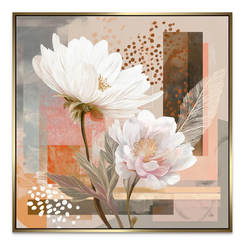 Collage-like background with shapes and dots complementing minimalist floral art.