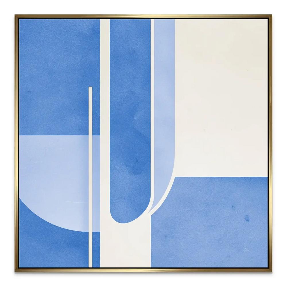 Vertical composition of blue geometric forms on canvas