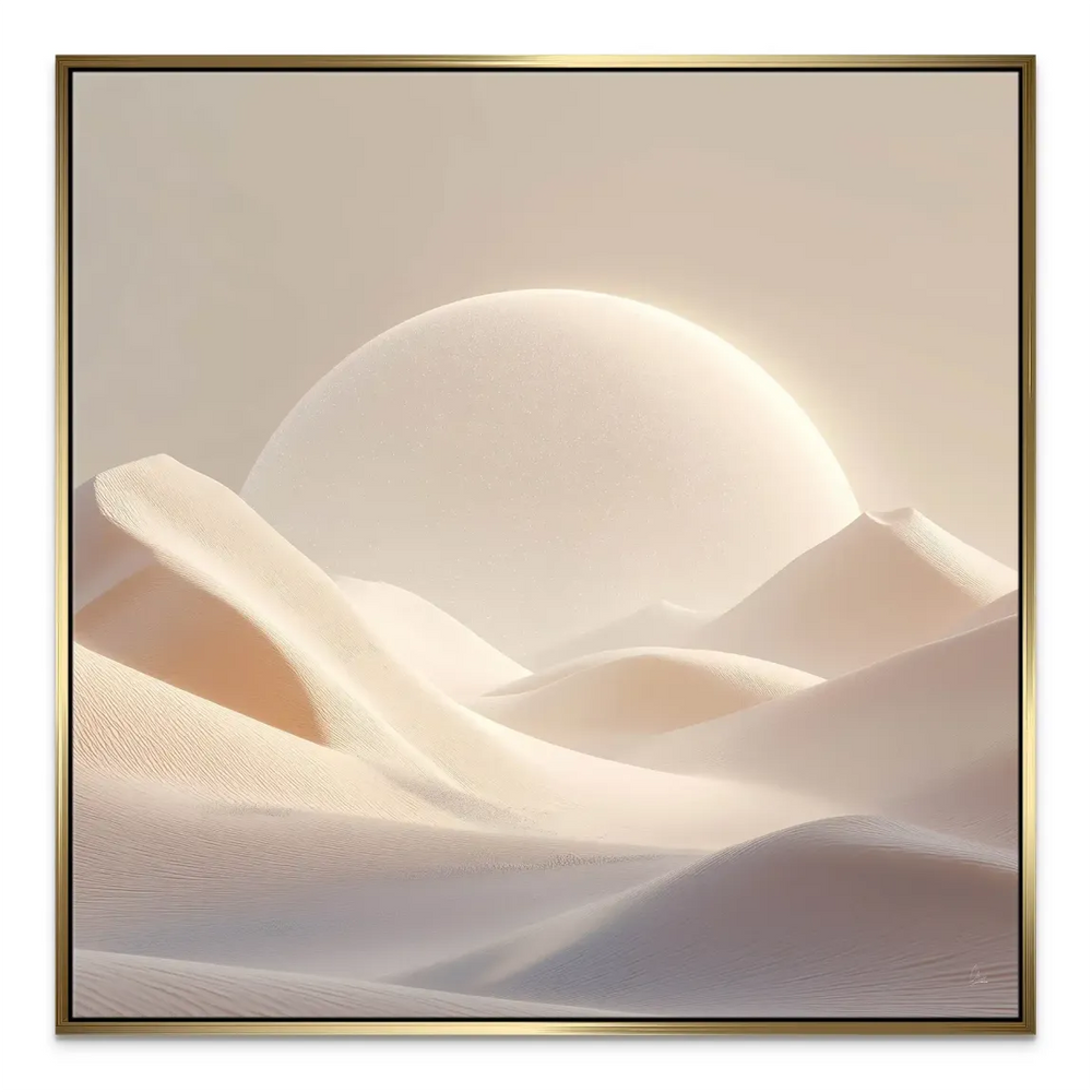 Dunes and horizon in a serene desert landscape with a warm peach glow.