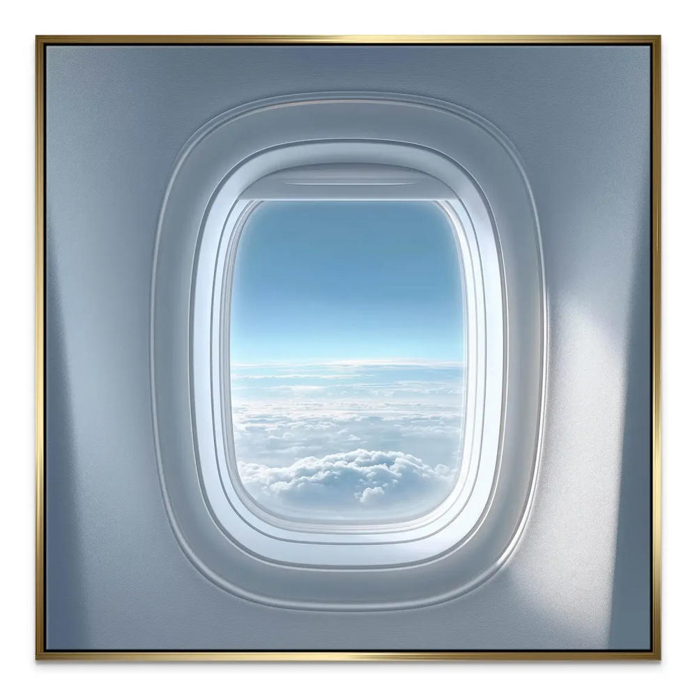 Modern decor canvas featuring horizon over clouds seen through a plane window.