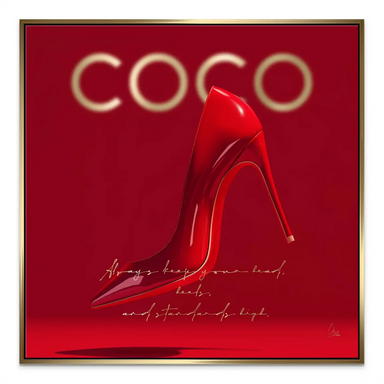 Empowering wall art displaying the quote Always keep your head, heels, and standards high beside a chic red shoe.