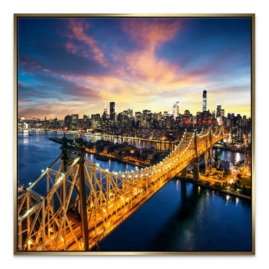 Urban panorama featuring towering buildings and a warm, sunset color palette.