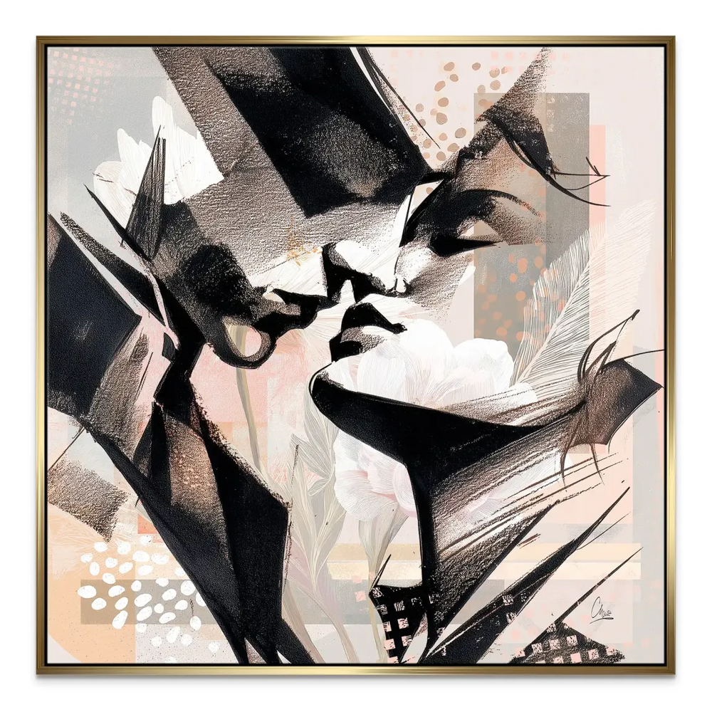 Romantic color accents in blush pink, peach, and beige balancing the monochrome palette.
