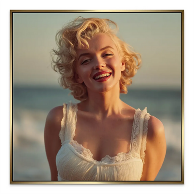 Amber and peach color palette on Marilyn Monroe wall art with blue-green background blur