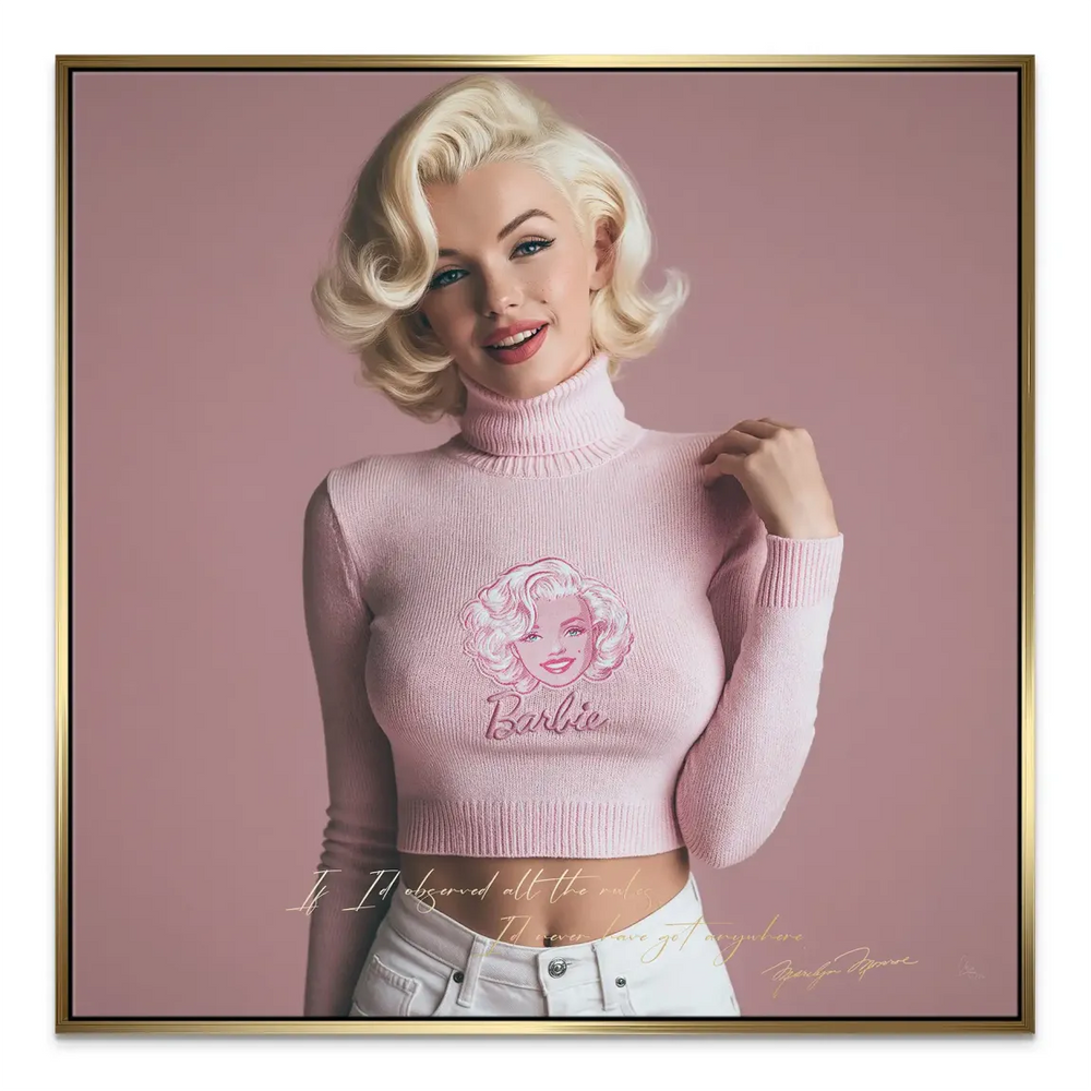 White jeans and pink backdrop blending vintage Hollywood glamour with modern art