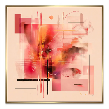 Vivid abstract wall art with warm tones and geometric linear elements for a modern interior.