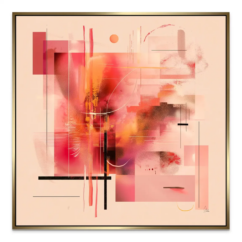 Vivid abstract wall art with warm tones and geometric linear elements for a modern interior.